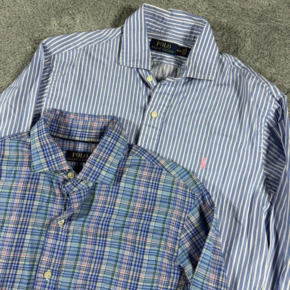 Lot of 2 Polo Ralph Lauren Button Shirts Mens Medium‎ Blue Striped & Plaid Multi